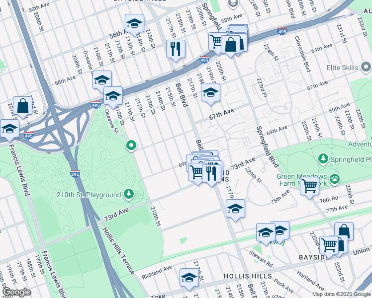 map of restaurants, bars, coffee shops, grocery stores, and more near 67-32 215th Street in Queens