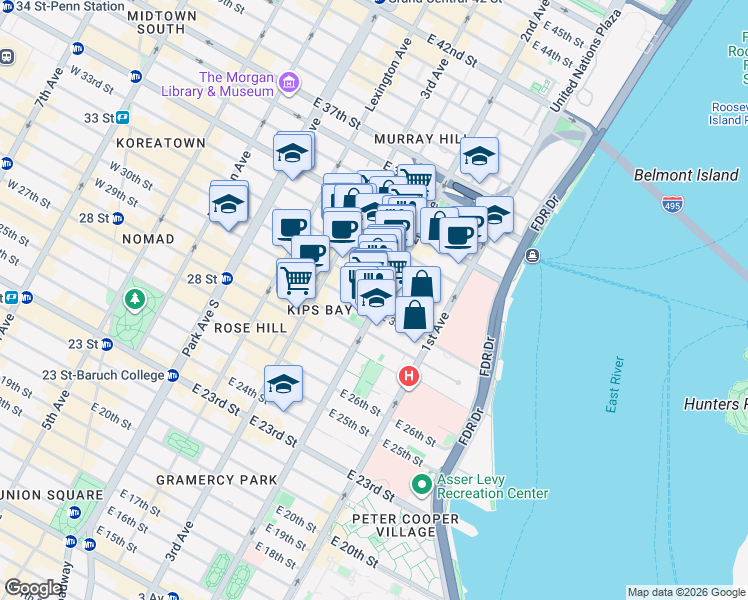 map of restaurants, bars, coffee shops, grocery stores, and more near 551 2nd Avenue in New York