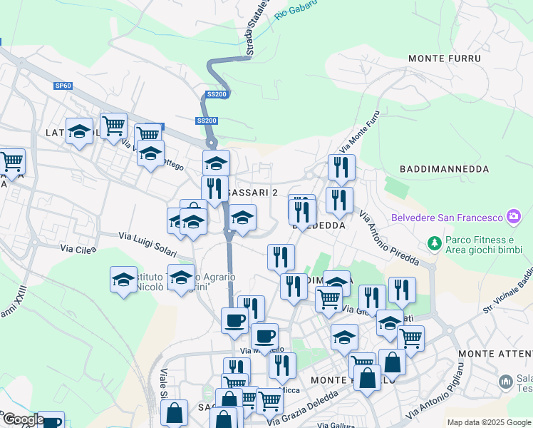 map of restaurants, bars, coffee shops, grocery stores, and more near Via Sandro Pertini in Sassari