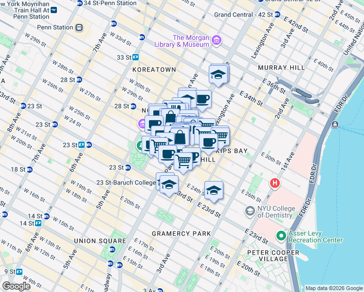 map of restaurants, bars, coffee shops, grocery stores, and more near 100 East 27th Street in New York