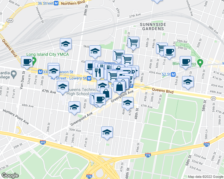 map of restaurants, bars, coffee shops, grocery stores, and more near 45-20 44th Street in Queens
