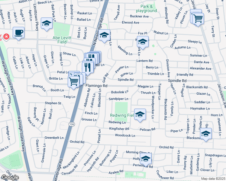 map of restaurants, bars, coffee shops, grocery stores, and more near 50 Flamingo Road in Levittown
