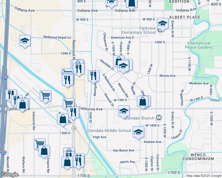 map of restaurants, bars, coffee shops, grocery stores, and more near 1204 South Redwood Drive in Salt Lake City