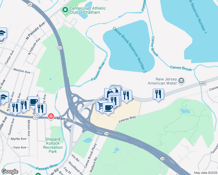 map of restaurants, bars, coffee shops, grocery stores, and more near 101 John F Kennedy Parkway in Essex County