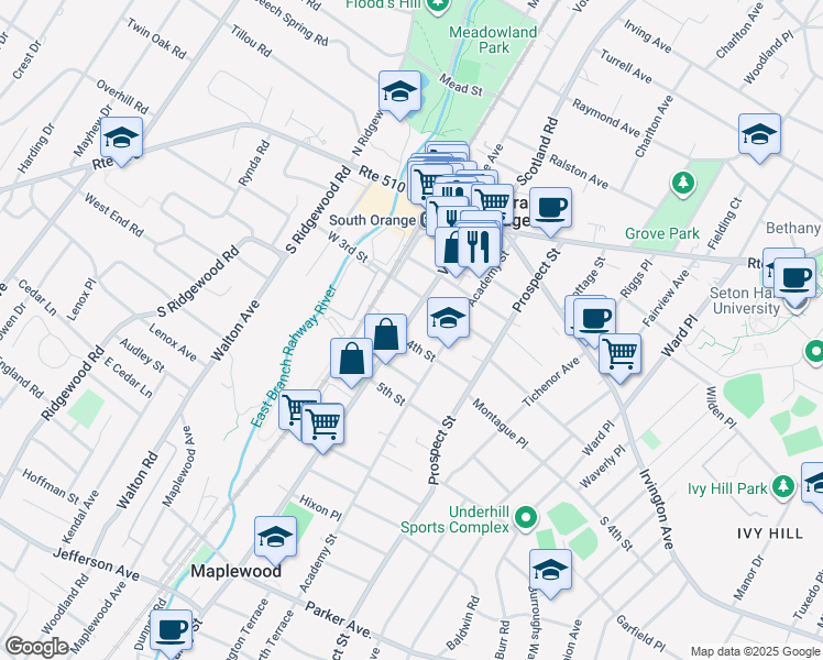 map of restaurants, bars, coffee shops, grocery stores, and more near in South Orange