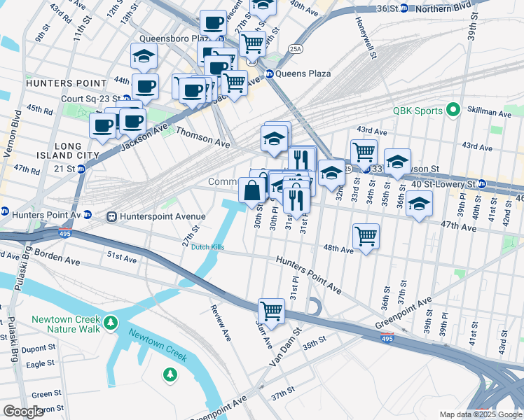 map of restaurants, bars, coffee shops, grocery stores, and more near 47-17 30th Street in Queens