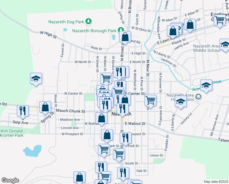 map of restaurants, bars, coffee shops, grocery stores, and more near 25 East Center Street in Nazareth