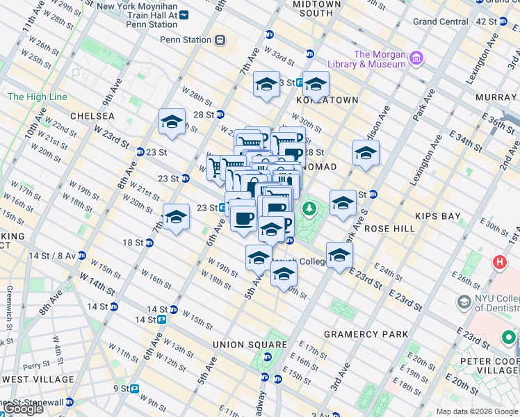 map of restaurants, bars, coffee shops, grocery stores, and more near 19 West 24th Street in New York