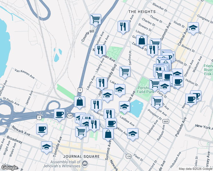 map of restaurants, bars, coffee shops, grocery stores, and more near in Jersey City