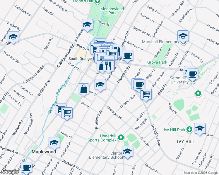map of restaurants, bars, coffee shops, grocery stores, and more near 103 3rd Street in South Orange