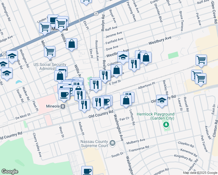 map of restaurants, bars, coffee shops, grocery stores, and more near 10 East 2nd Street in Mineola