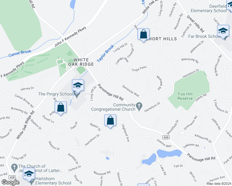 map of restaurants, bars, coffee shops, grocery stores, and more near 201 Parsonage Hill Road in Millburn