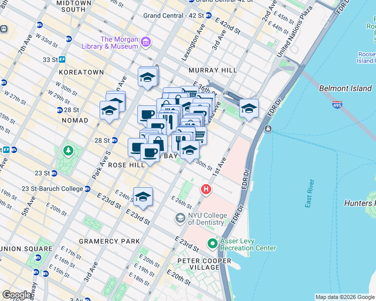 map of restaurants, bars, coffee shops, grocery stores, and more near 208 East 30th Street in New York