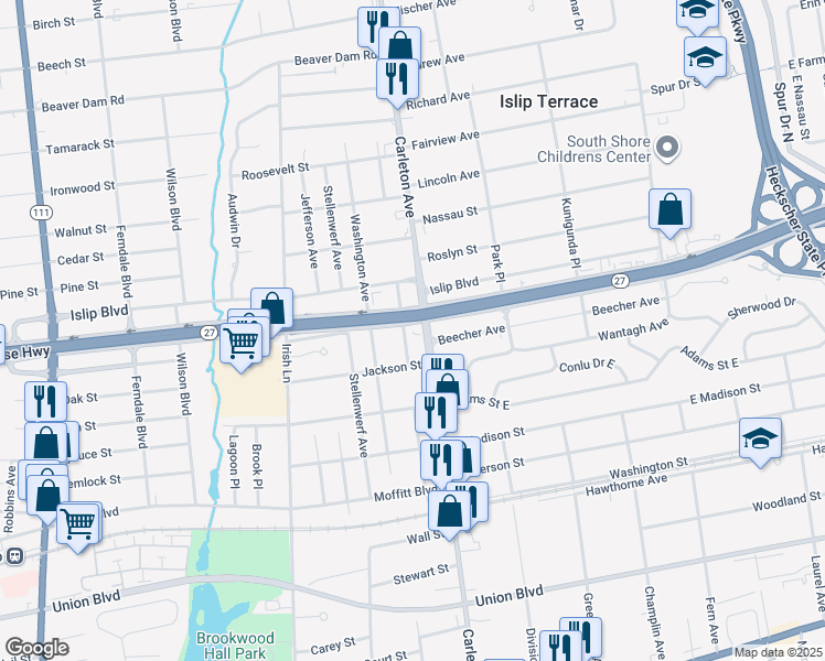 map of restaurants, bars, coffee shops, grocery stores, and more near 631 Sunrise Highway North Service Road in Islip Terrace