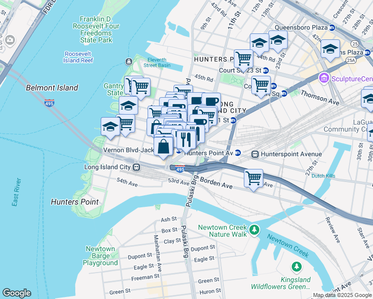 map of restaurants, bars, coffee shops, grocery stores, and more near 10 50th Avenue in Queens
