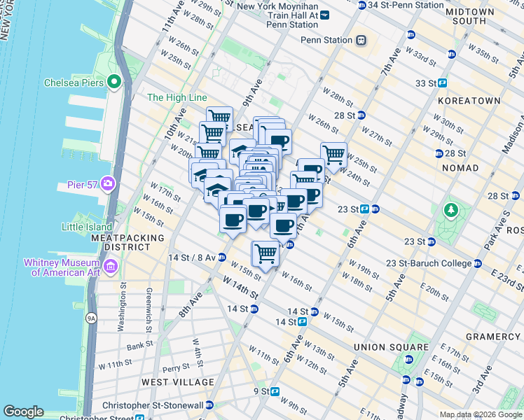 map of restaurants, bars, coffee shops, grocery stores, and more near in New York