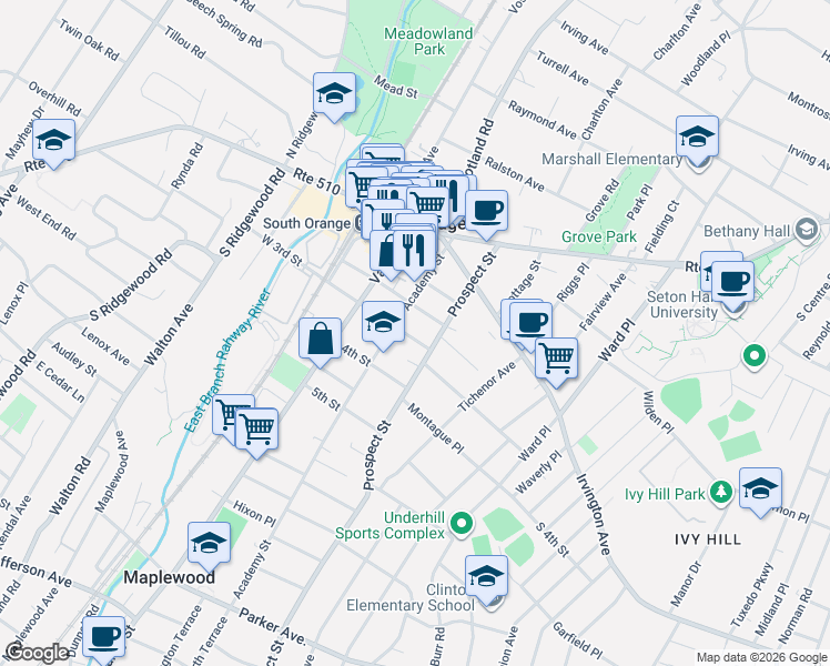 map of restaurants, bars, coffee shops, grocery stores, and more near 103 3rd Street in South Orange