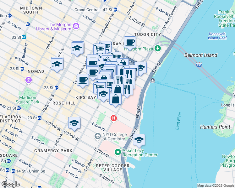 map of restaurants, bars, coffee shops, grocery stores, and more near 300 East 33rd Street in New York