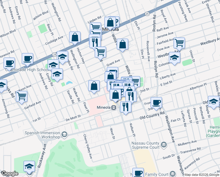 map of restaurants, bars, coffee shops, grocery stores, and more near 149 Mineola Boulevard in Mineola