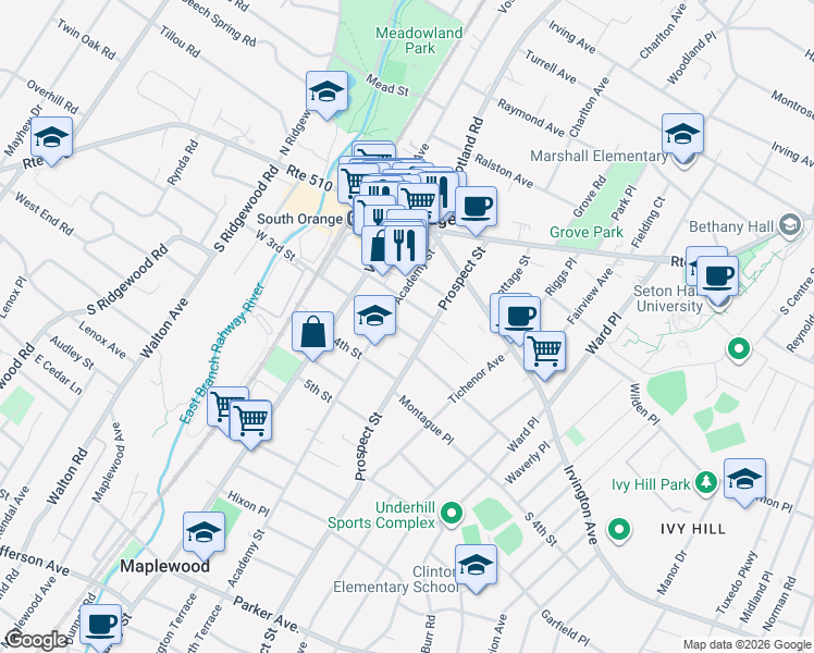map of restaurants, bars, coffee shops, grocery stores, and more near 103 3rd Street in South Orange