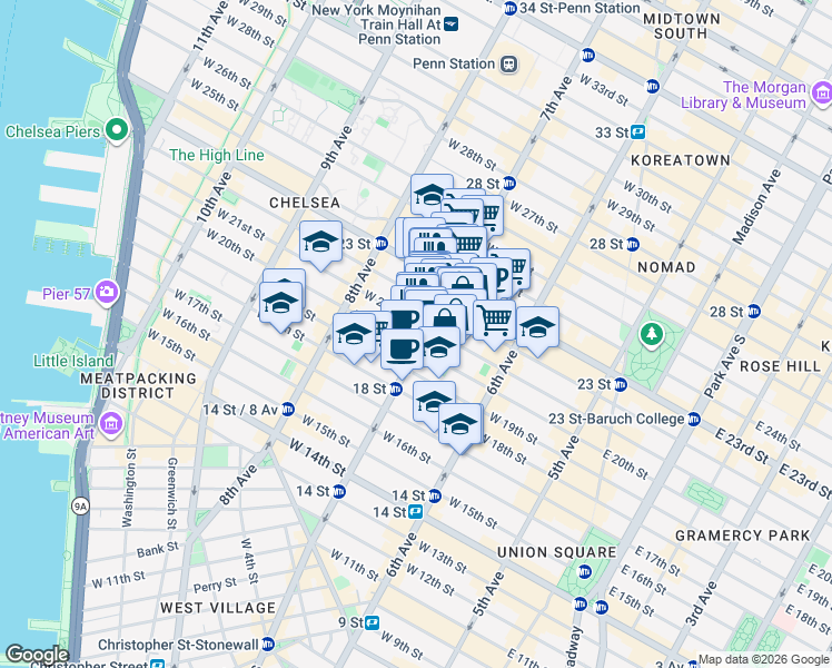 map of restaurants, bars, coffee shops, grocery stores, and more near 190 7th Avenue in New York