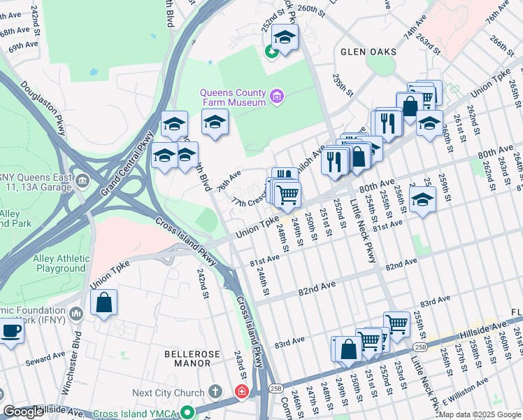 map of restaurants, bars, coffee shops, grocery stores, and more near 77-7 247th Street in Queens