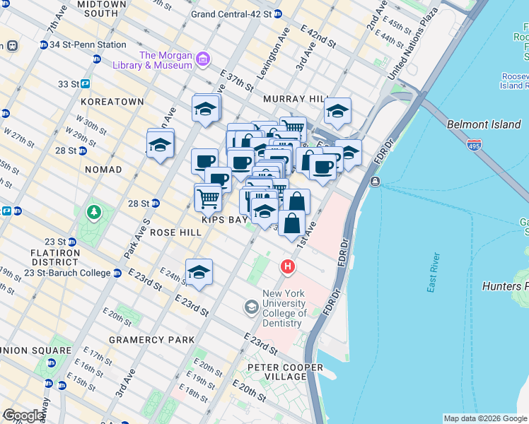 map of restaurants, bars, coffee shops, grocery stores, and more near 553 2nd Avenue in New York
