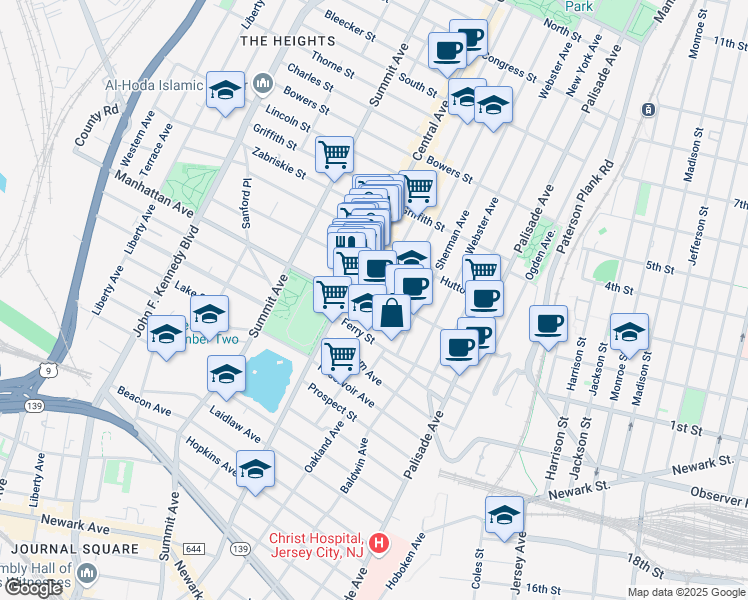 map of restaurants, bars, coffee shops, grocery stores, and more near 136 Franklin Street in Jersey City