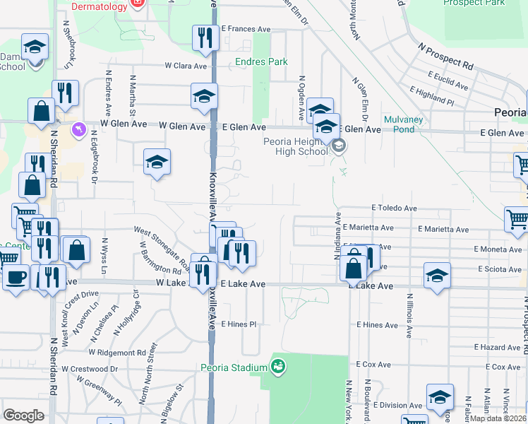 map of restaurants, bars, coffee shops, grocery stores, and more near 232 E Lyndale Rd in Peoria