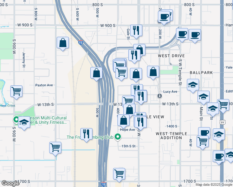 map of restaurants, bars, coffee shops, grocery stores, and more near 1204 South 400 West in Salt Lake City