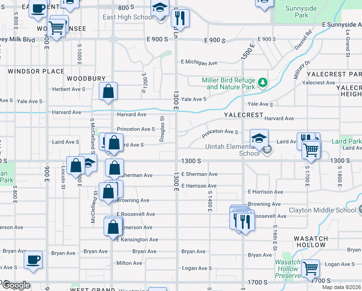 map of restaurants, bars, coffee shops, grocery stores, and more near 1305 Laird Avenue in Salt Lake City