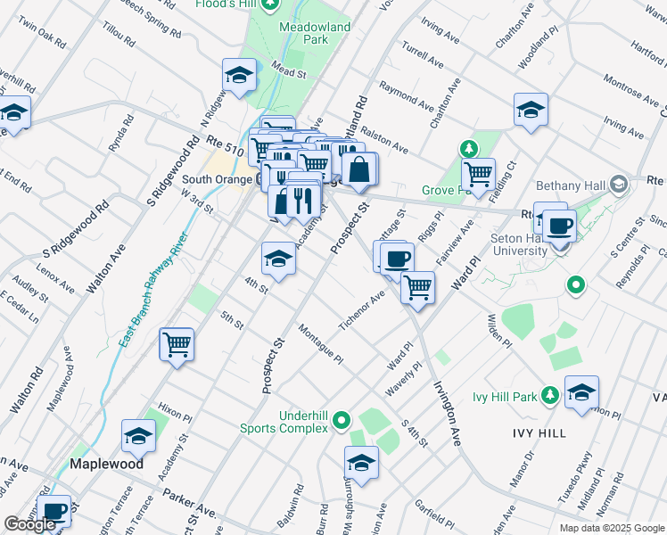 map of restaurants, bars, coffee shops, grocery stores, and more near 129 2nd Street in South Orange