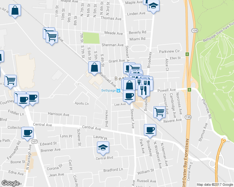 map of restaurants, bars, coffee shops, grocery stores, and more near 28 Jackson Avenue in Bethpage