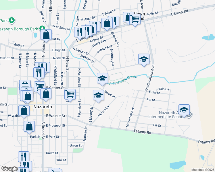 map of restaurants, bars, coffee shops, grocery stores, and more near 24 North Liberty Street in Nazareth
