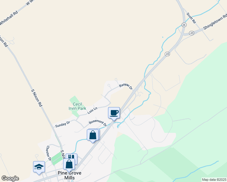 map of restaurants, bars, coffee shops, grocery stores, and more near 230 Banyan Drive in State College