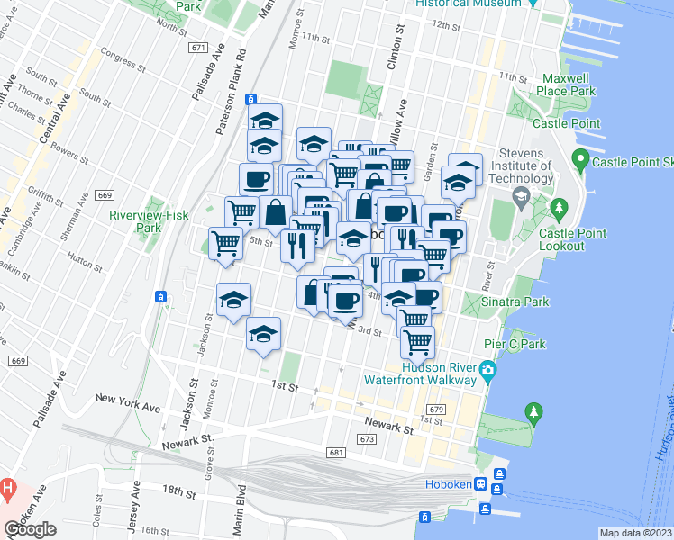 map of restaurants, bars, coffee shops, grocery stores, and more near Church Towers in Hoboken