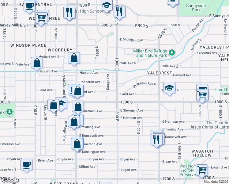 map of restaurants, bars, coffee shops, grocery stores, and more near 1251 Laird Avenue South in Salt Lake City