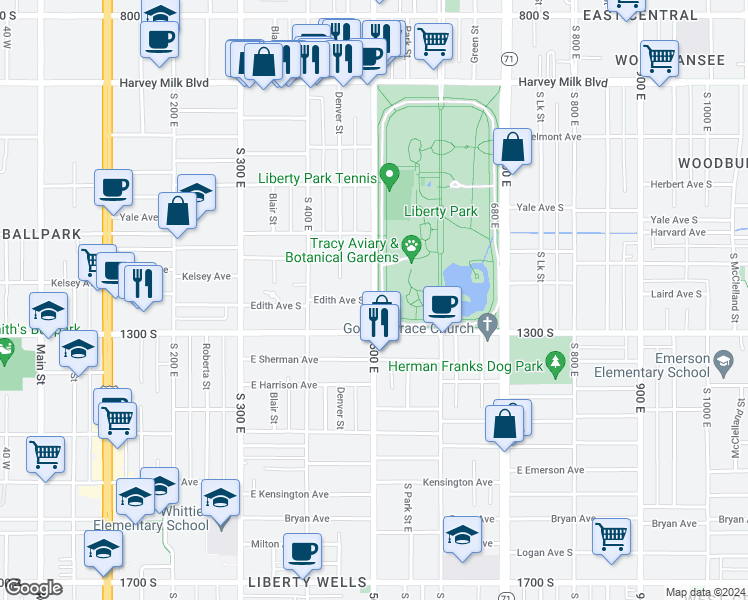 map of restaurants, bars, coffee shops, grocery stores, and more near 2233 South 500 East in Salt Lake City
