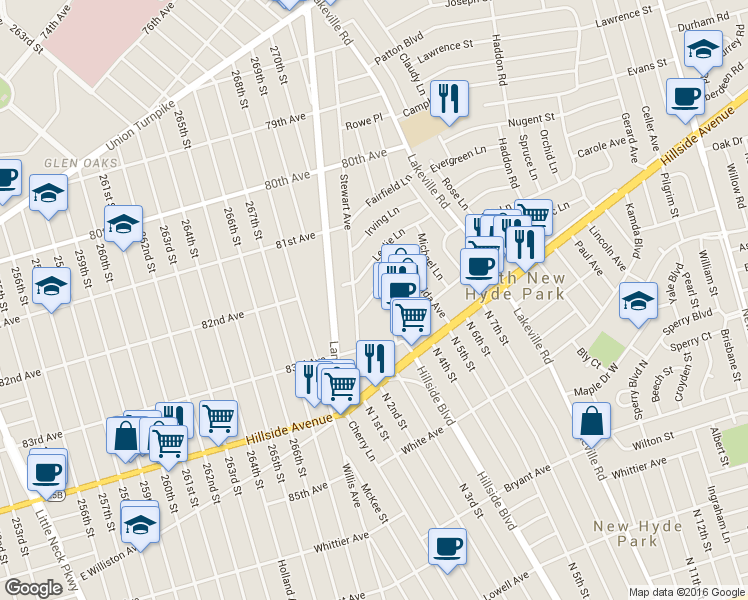 map of restaurants, bars, coffee shops, grocery stores, and more near 53 Peter Lane in New Hyde Park