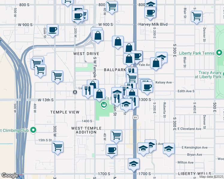 map of restaurants, bars, coffee shops, grocery stores, and more near 1186 South Main Street in Salt Lake City