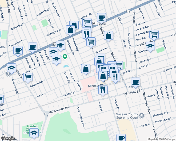 map of restaurants, bars, coffee shops, grocery stores, and more near 232 Harrison Avenue in Mineola