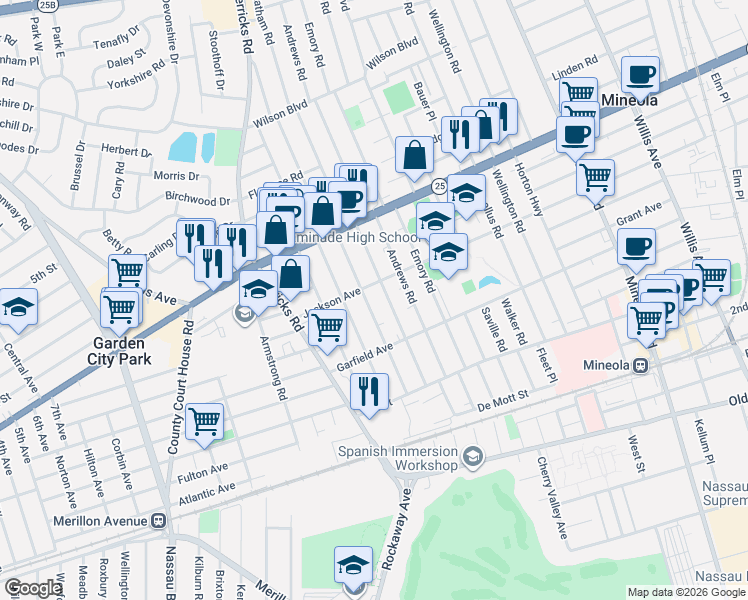 map of restaurants, bars, coffee shops, grocery stores, and more near 212 Latham Road in Mineola