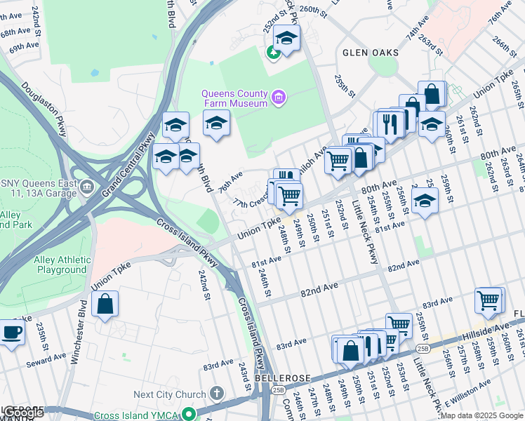 map of restaurants, bars, coffee shops, grocery stores, and more near 77-2B 247th Street in Queens