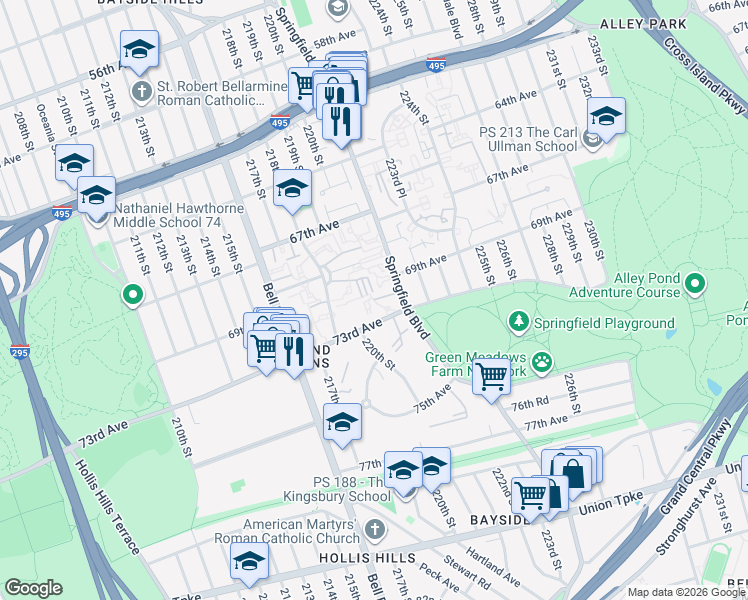 map of restaurants, bars, coffee shops, grocery stores, and more near 220-49 73rd Avenue in Queens