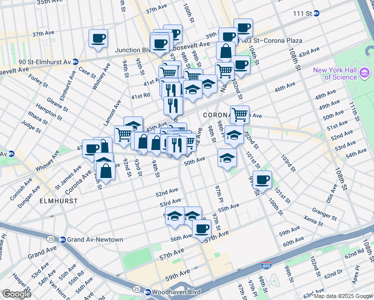 map of restaurants, bars, coffee shops, grocery stores, and more near 94-76 Alstyne Avenue in Queens