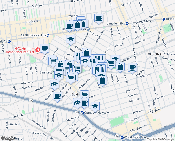 map of restaurants, bars, coffee shops, grocery stores, and more near 43-22 Ithaca Street in Queens