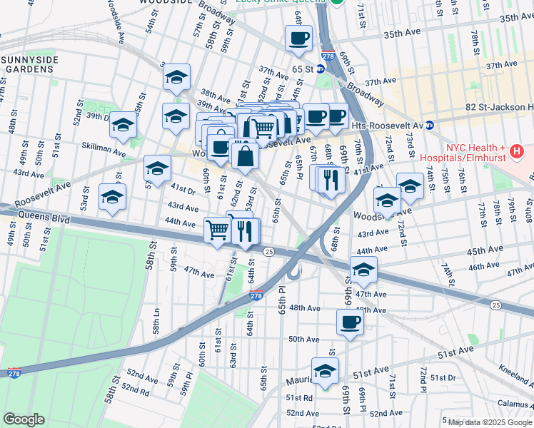 map of restaurants, bars, coffee shops, grocery stores, and more near 42-28 65th Street in Queens