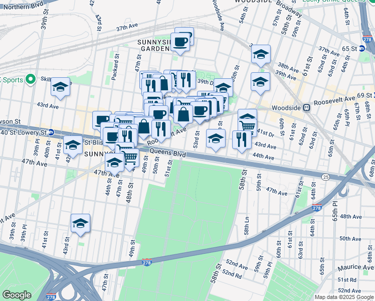 map of restaurants, bars, coffee shops, grocery stores, and more near in Queens