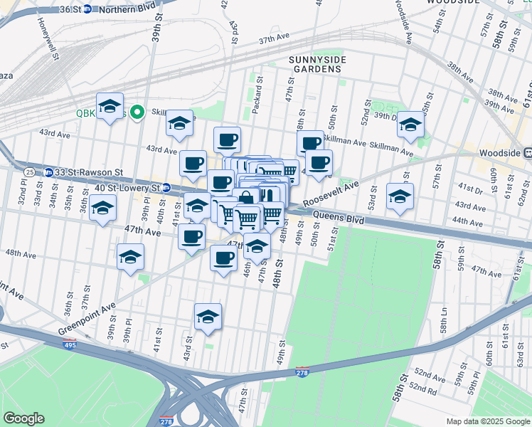map of restaurants, bars, coffee shops, grocery stores, and more near in Queens