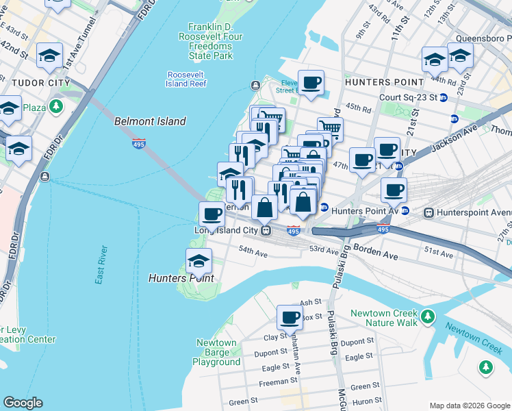 map of restaurants, bars, coffee shops, grocery stores, and more near 2-35 51st Avenue in Queens